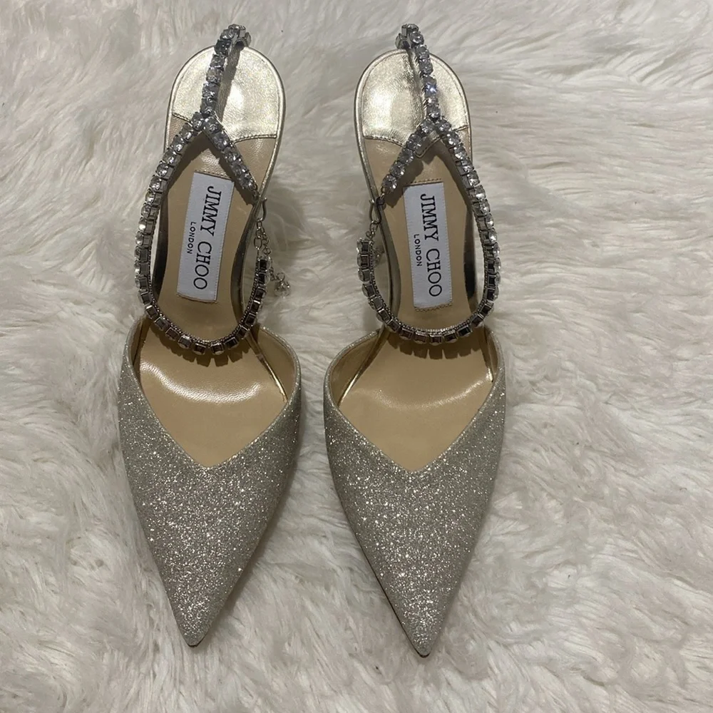 New Jimmy Choo Saeda 100 Platinum Ice‎ dusty glitter pumps size 38EU